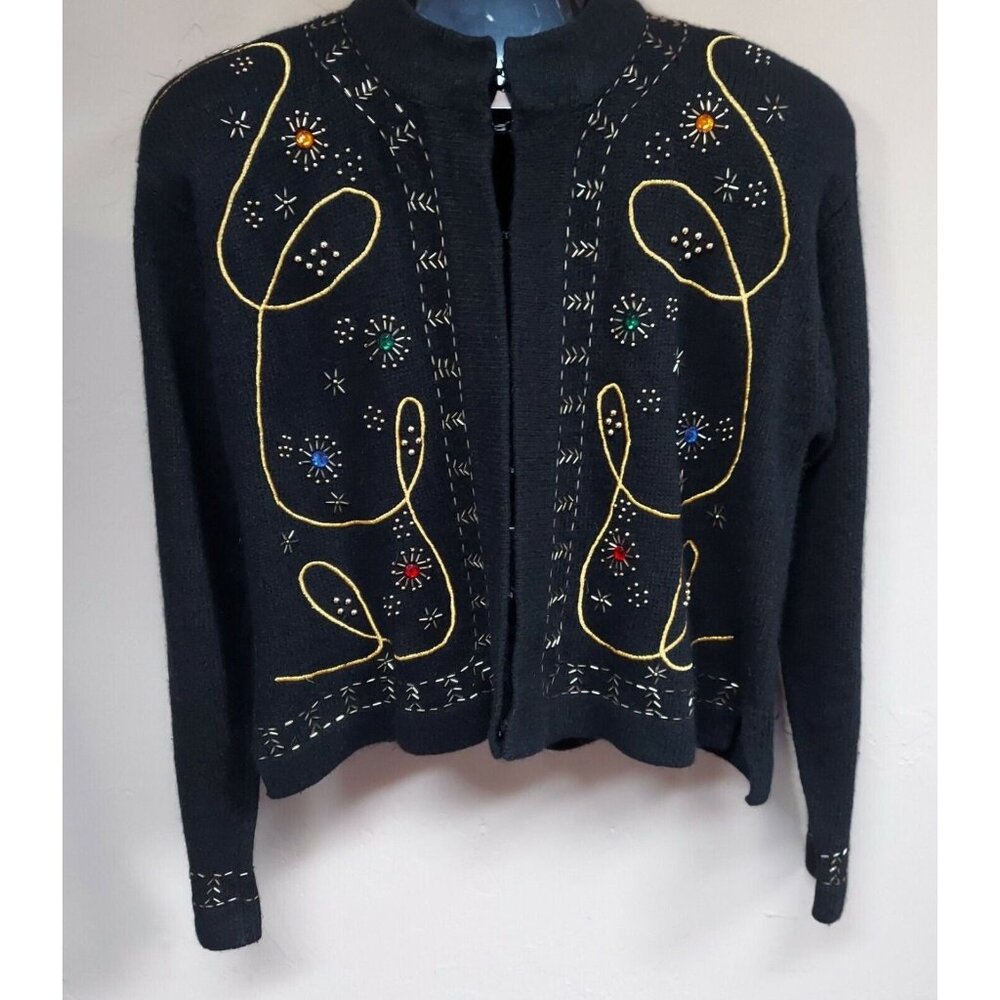 Pierre Cardin Womens Medium Angora Silk Beaded Knit Crop Cardigan Sweater Black